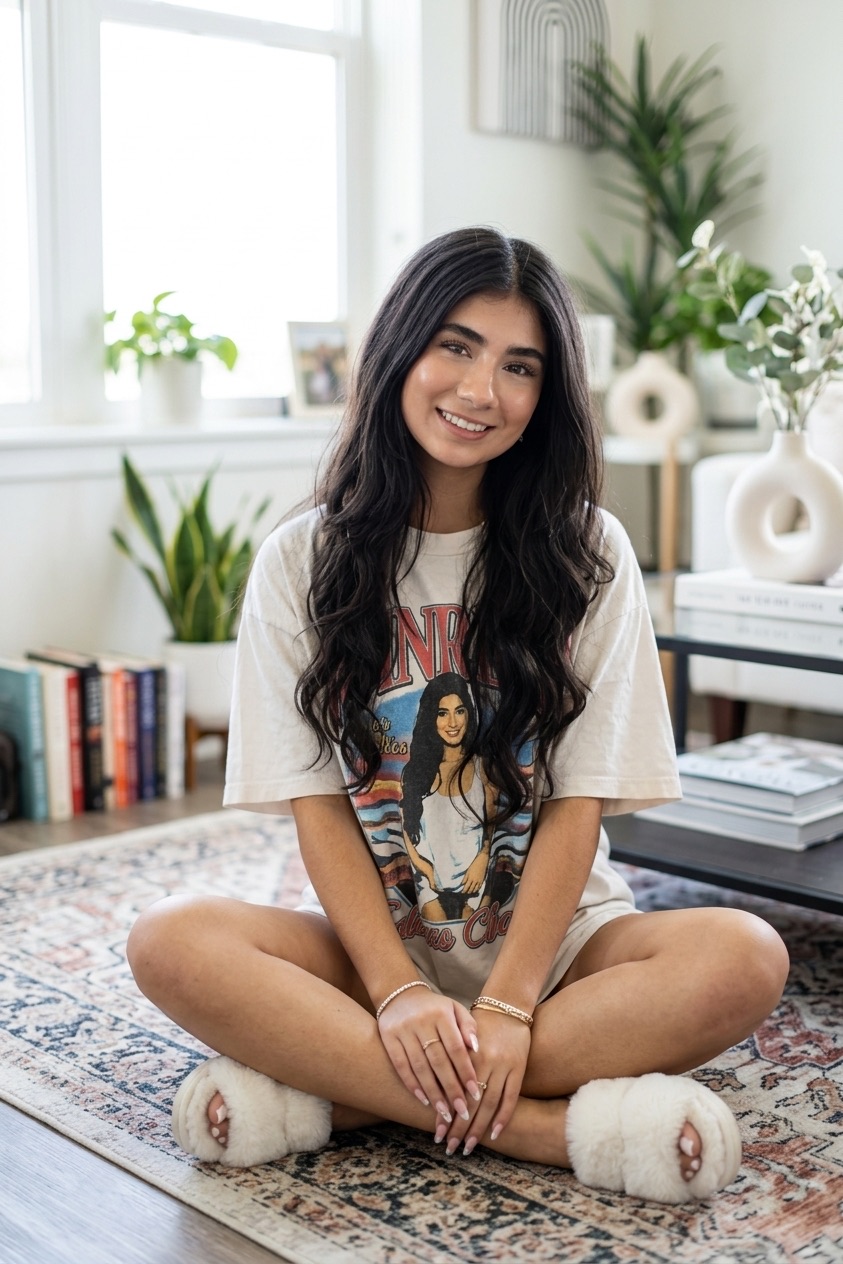 Sofia cozy on a rug in oversized graphic tee