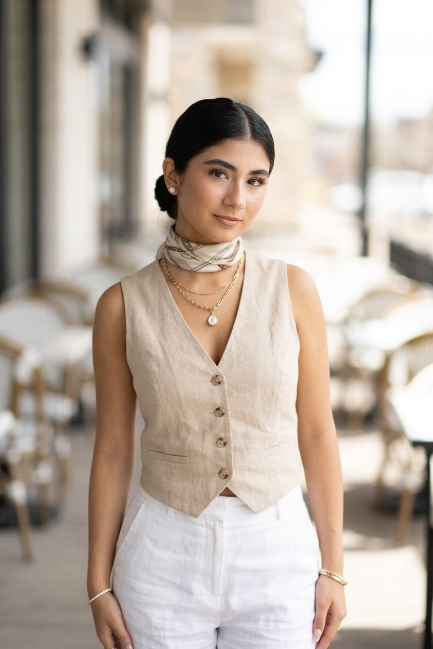 Sofia in tan vest and white pants, editorial styling