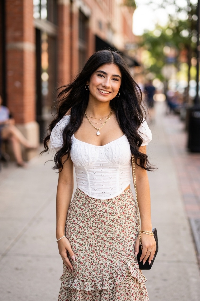 Sofia downtown in white corset top and floral skirt