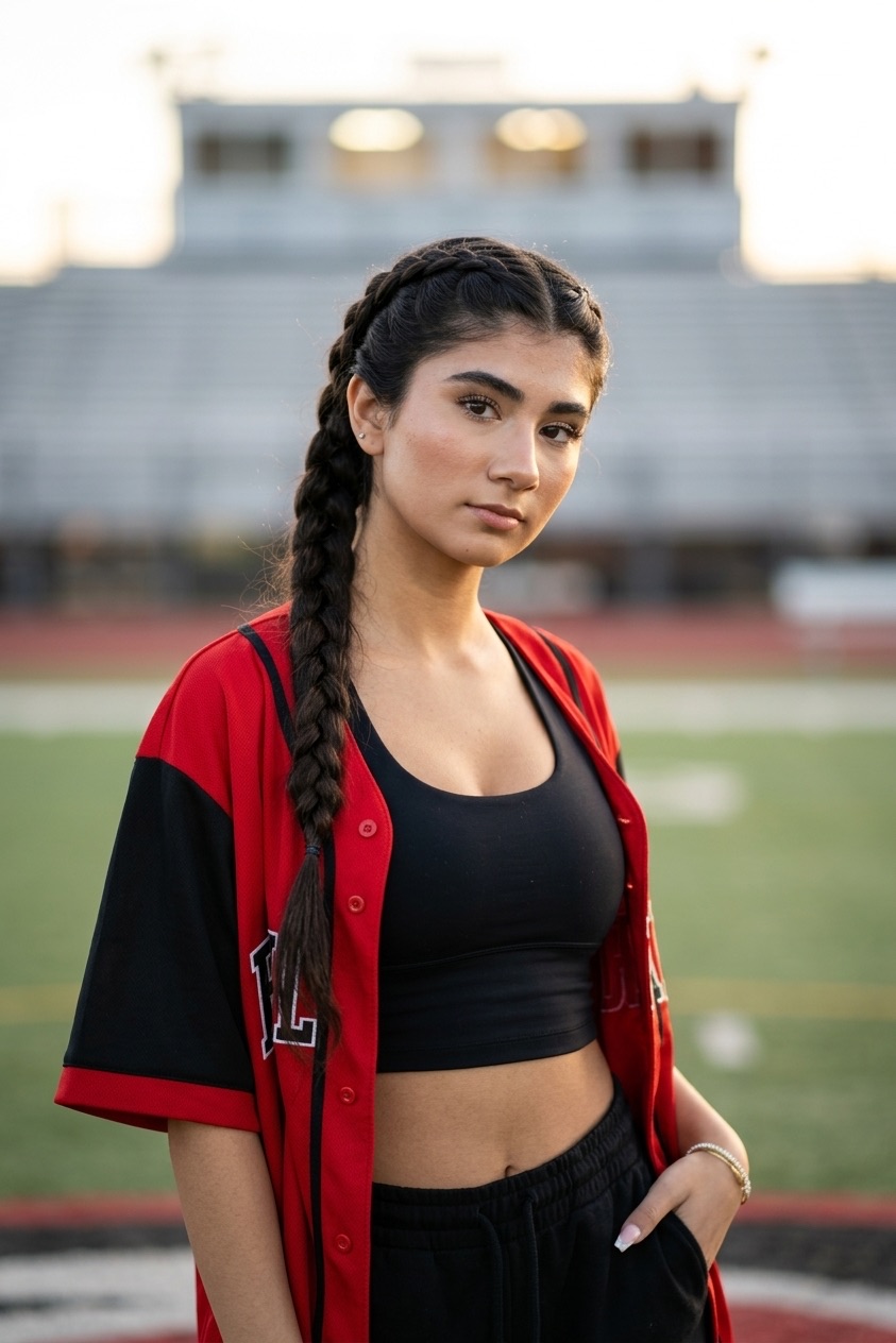 Sofia on a football field in red jersey