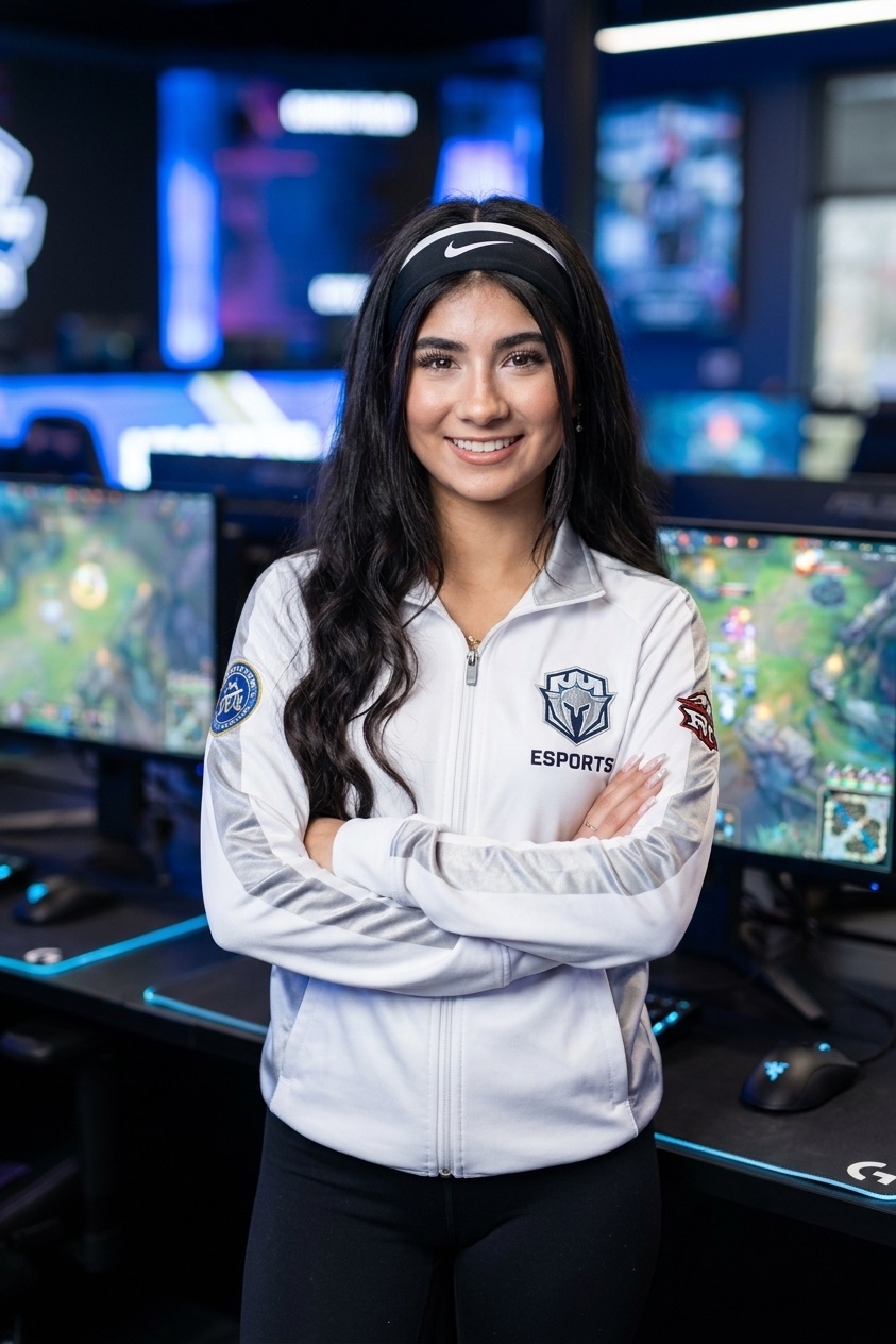 Sofia in an esports lab wearing an esports jersey