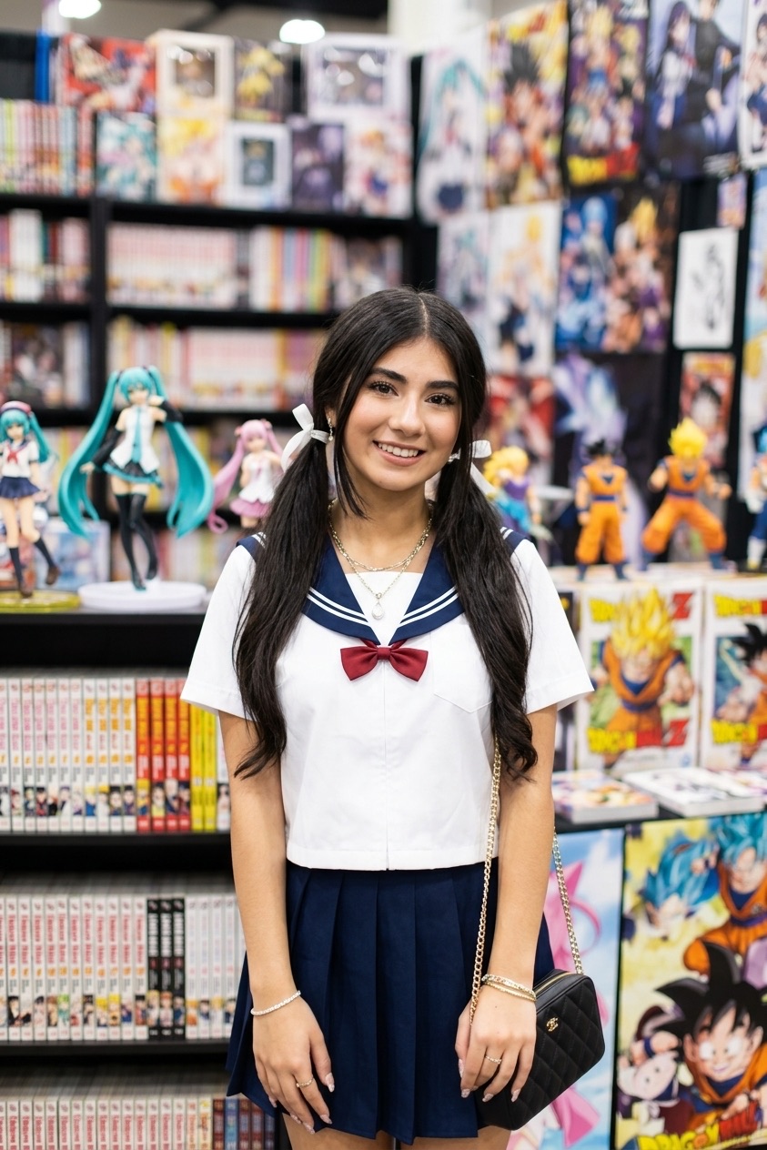 Sofia in a sailor uniform at an anime store
