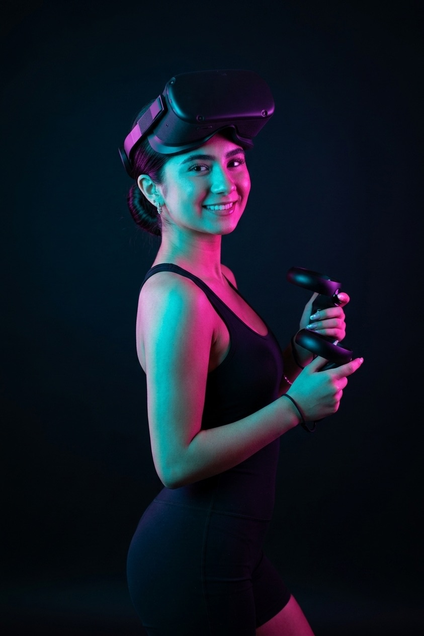 Sofia LaBarbera with VR headset in neon studio lighting